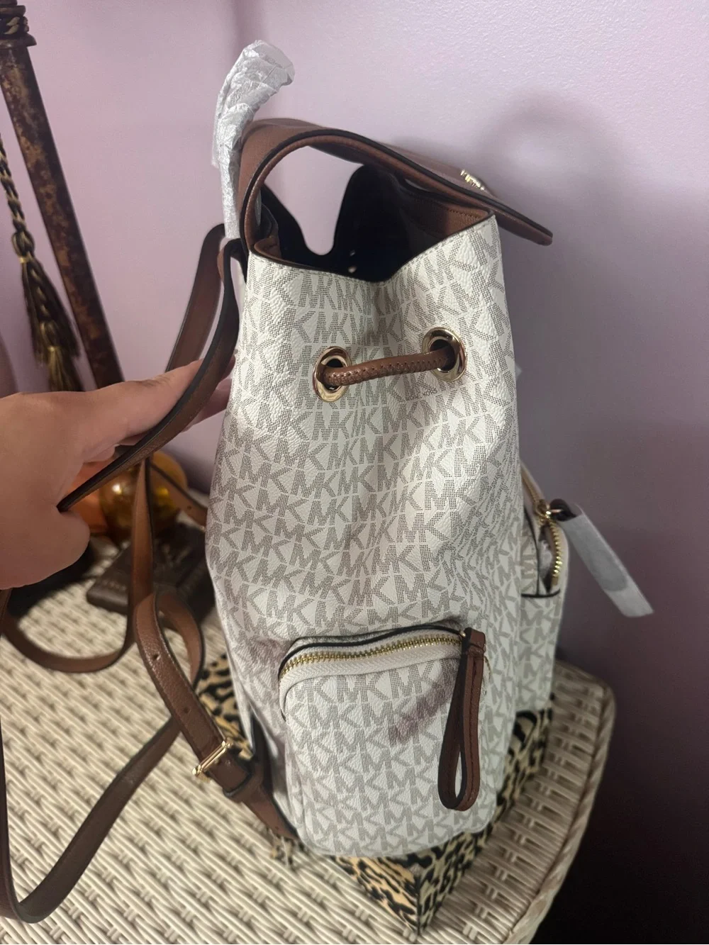 Michael Kors Cream and Brown MK Logo Backpack